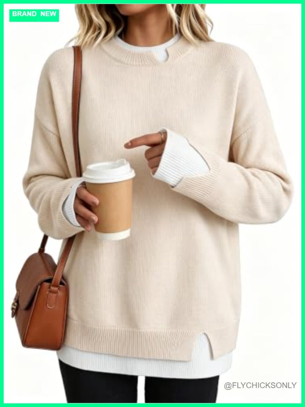 Womens Oversized Patchwork Sweater Crew Neck Ribbed Knit Pullover